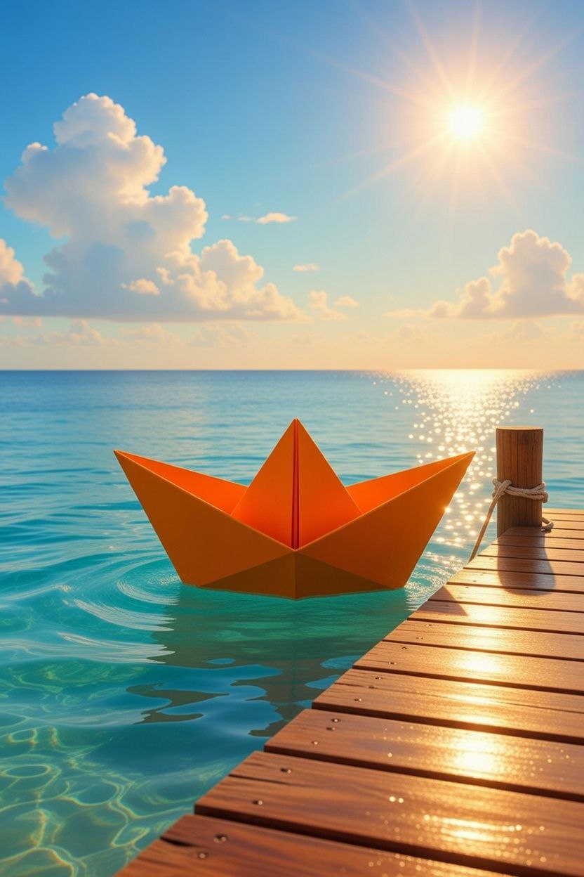 Turbo Paper Boat — orange paper boat docked at a sunny pier